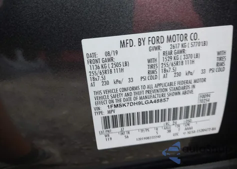 2020 Ford Explorer Xlt z USA, uszkodzony, nr VIN 1FMSK7DH9LGA48857